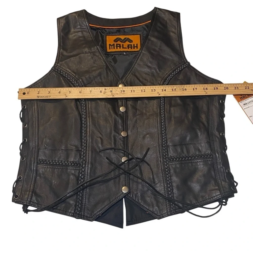 Malah Womens Black Leather Motorcycle Gun Vest‎ Braided Front/Back Side Laces Lg
